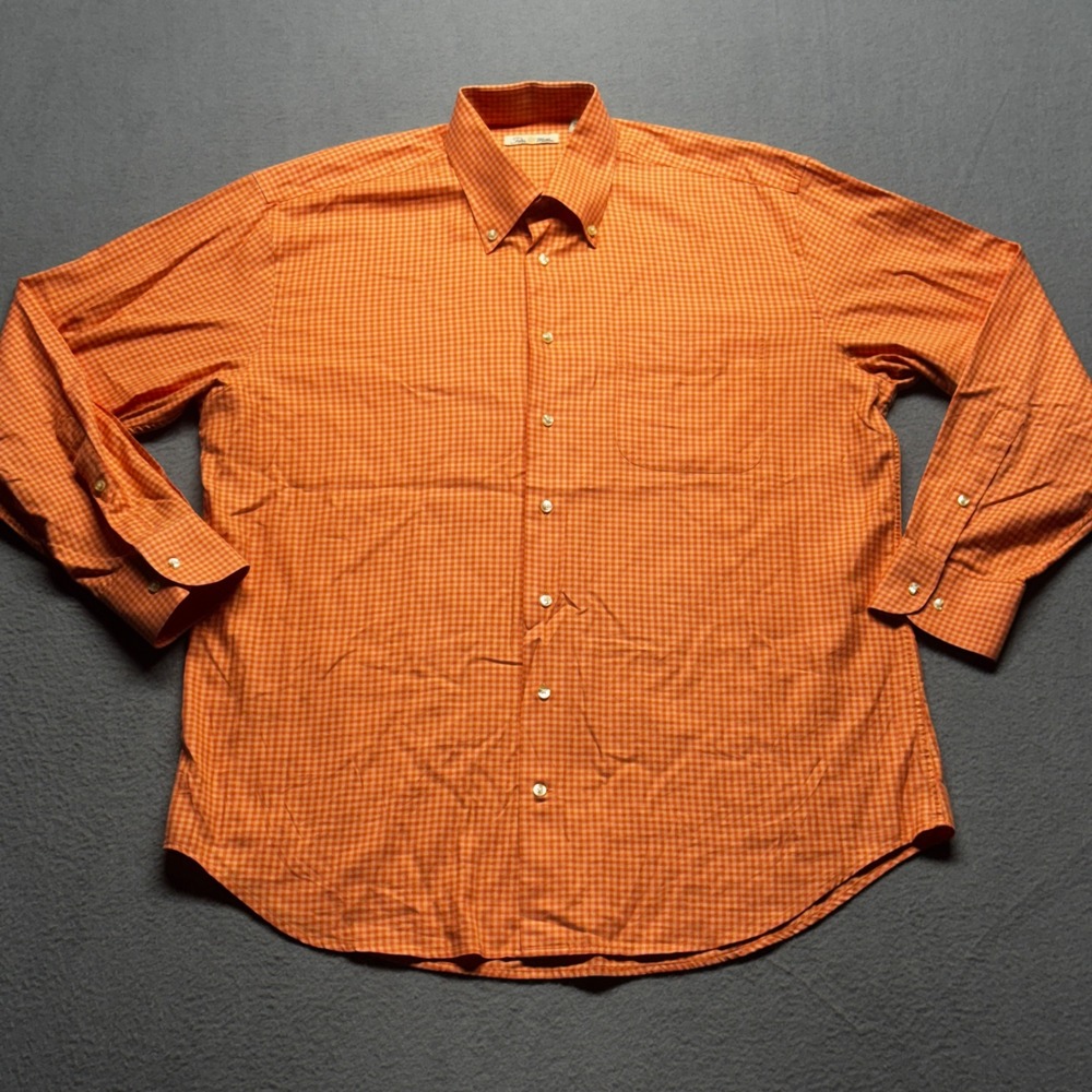 Peter Millar Mens Gingham Button Down Shirt Large Orange Cotton Long Sleeve L